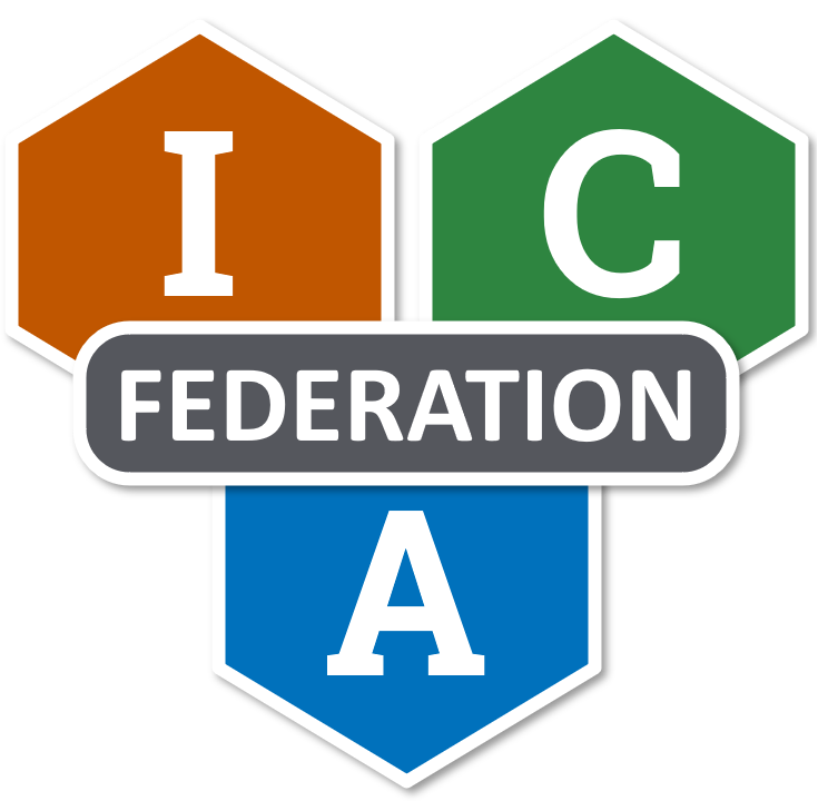 Three hexagons with the letters I in orange, C in green, and A in blue, with a gray banner for Federation.