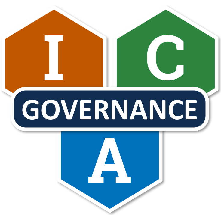Three hexagons with the letters I in orange, C in green, and A in blue, with a navy banner for Governance.