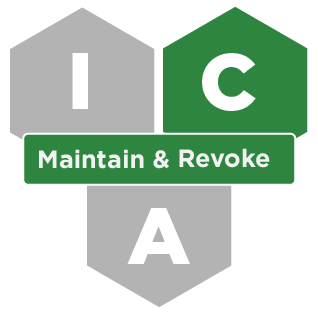 Three hexagons with the letters I, C, and A. The C is highlighted in green for Credential Management, with a green banner for the Maintenance and Revocation services. 