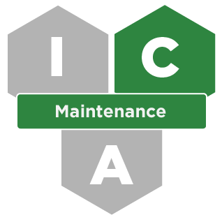 Three hexagons with the letters I, C, and A. The C is highlighted in green for Credential Management, with a green banner for the Maintenance service.