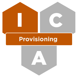 Three hexagons with the letters I, C, and A. The I is highlighted in orange for Identity Management, with an orange banner for the Provisioning service. 