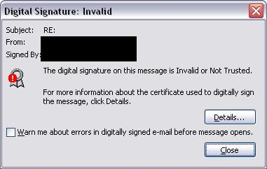 An image showing a digital signature invalid error messagee