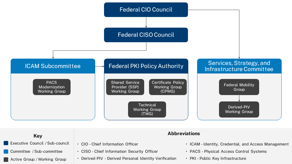 An organization chart of the FICAM Governance Bodies and Working Groups.