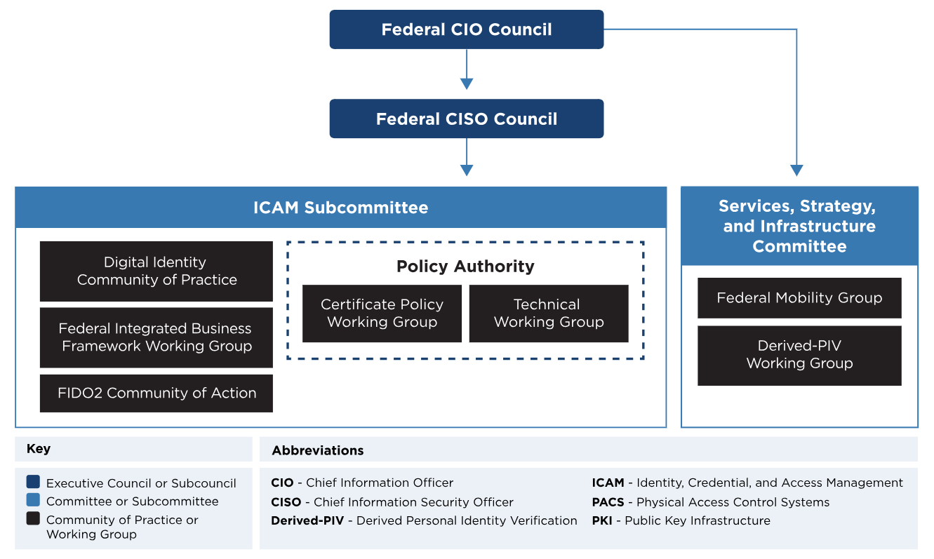 An organization chart of the FICAM Governance Bodies and Working Groups