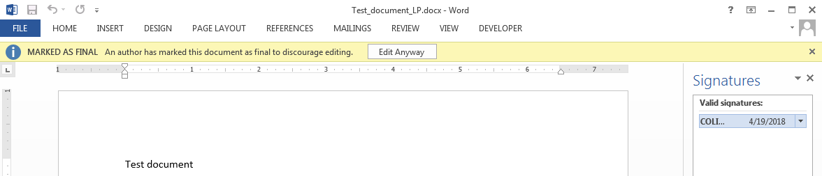 A screenshot of the Microsoft Word signatures pane.