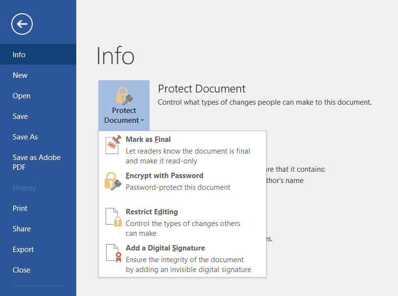 A screenshot showing how to click Info and then Protect Document.
