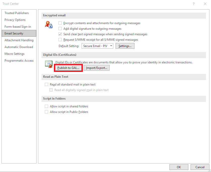 The Publish to GAL button is located in the Trust Center.