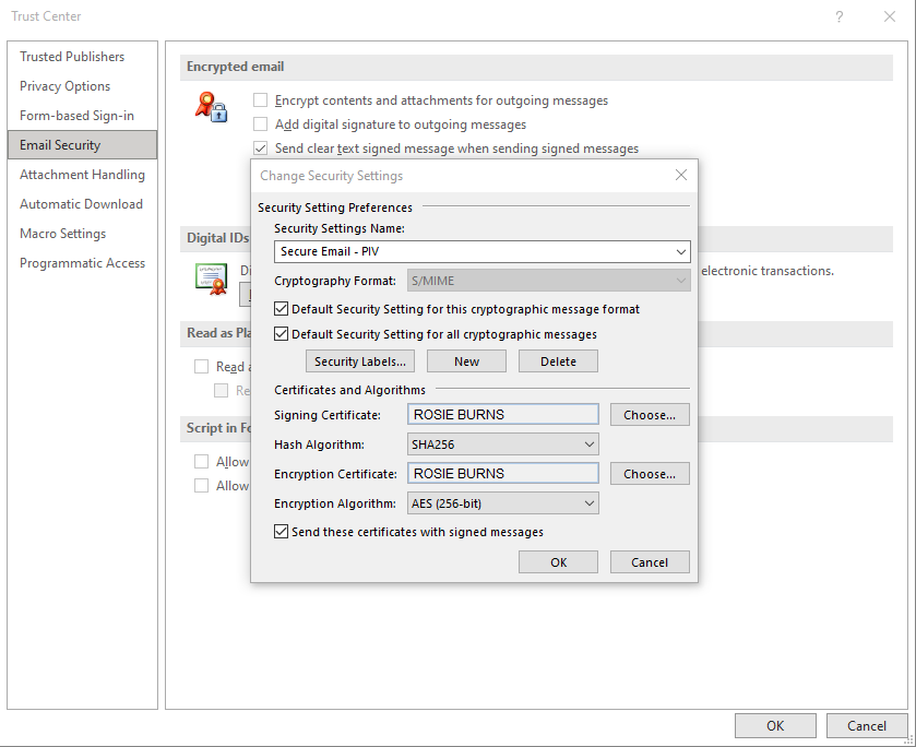 A completed security preference configuration.