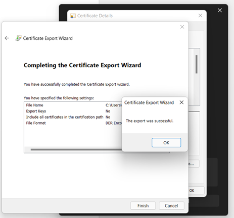 A screenshot showing several windows with the Certificate Export Wizard window on top.