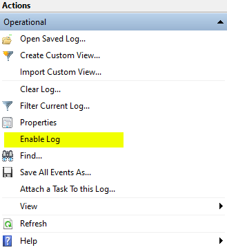 A screenshot of several icons, labels, and item choices below the Actions heading. The Help icon and label appears at the bottom of the screenshot. In the middle of the screenshot, the Enable Log choice is highlighted with yellow.