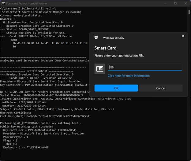A screenshot of a command prompt window with a Windows Security Smart Card window on top of it.
