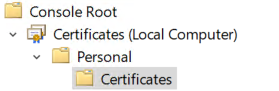 A screenshot of a Console Root folder icon and label with three items below it in cascading order. A Certificates folder icon and label appear at the bottom of the screenshot and are highlighted with gray.