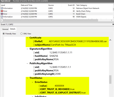 A screenshot of an Operational window labeled Event 11, CAPI2. The Certificate and the TrustStatus details are highlighted with yellow.