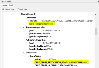 A screenshot of a window labeled Event 11, CAPI2. The subjectName and the Cert Trust Revocation Status Unknown details are highlighted with yellow.