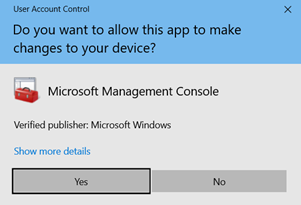 A screenshot of a User Account Control window. The words Do you want to allow this app to make changes to your device? appear near the top of the screenshot. The Yes button is highlighted.