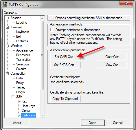 PuTTY configuration window.
