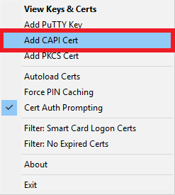 A screenshot showing Add CAPI Cert selected.