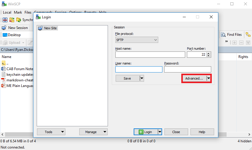 A screenshot showing the WinSCP Login window with the Advanced button selected.