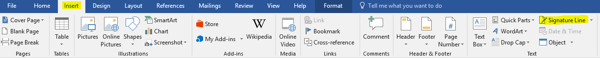 A screenshot of the Microsoft Word ribbon with the Insert tab and the Signature Line option highlighted.