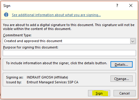 A screenshot of a Microsoft Word Sign window with the Sign button highlighted.