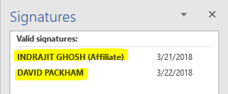 A screenshot of a Microsoft Word Valid Signatures box, with two names highlighted and dates beside the names.