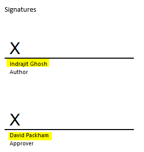 A screenshot of two Microsoft Word signature lines with the persons' names highlighted and their titles below their names.