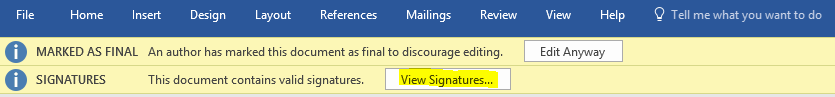 A screenshot of the Microsoft Word ribbon with the View Signatures option highlighted.