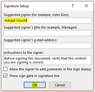 A screenshot of the Microsoft Word Signature Setup box.
