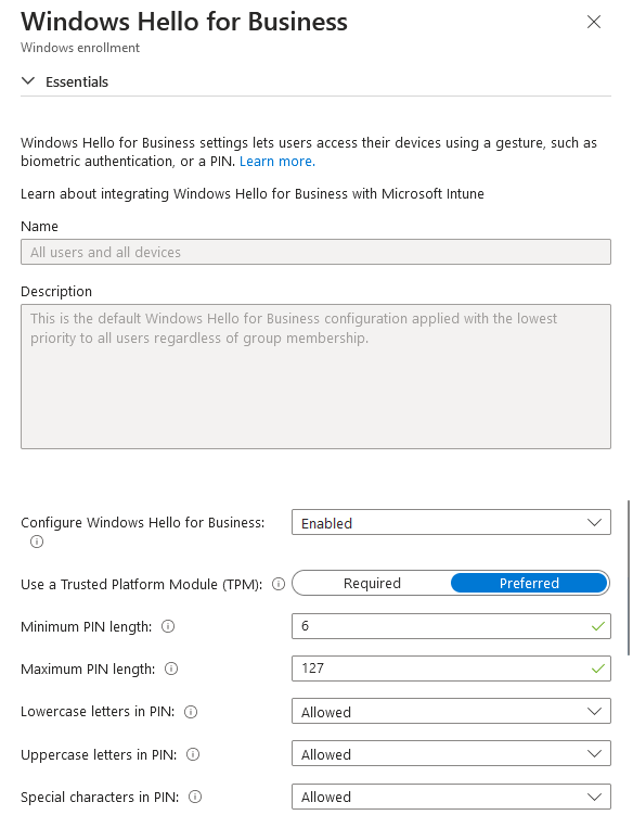Figure 5: Windows Hello for Business Enrollment Policy Settings 1