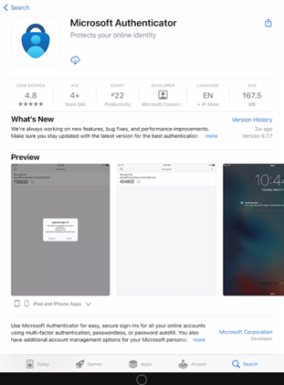 Figure 20: iOS App Store Microsoft Authenticator Install